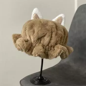 Плюшевая шапка женская осенне-зимняя утолщенная теплая кроличья шерсть милые ушки берет большая окружность головы шапка рыбака дети M56-58cm хаки