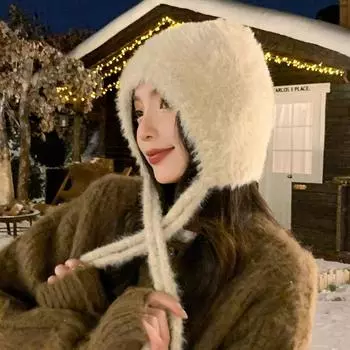 Плюшевая шапка женская сезонная может быть ленивой ветровой утолщенной шерстяной шапкой большой окружности головы защитная шапка для ушей теплая вязаная шапка One Size