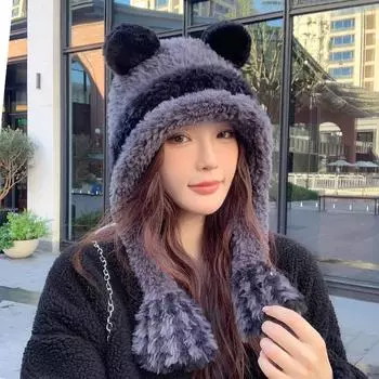 Плюшевая шапка женская зимняя 2024 новая теплая шерстяная вязаная утолщенная шапка с милым медведем универсальная шапка Lei Feng One Size