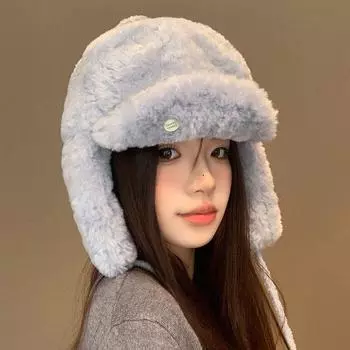 Плюшевая шапка женская зимняя для лица, плюшевая утолщенная защитная шапка для ушей, для езды в холодную и теплую погоду, северо-восточная летная шапка Average size (55-60cm) синий