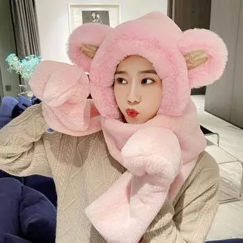 Плюшевая шапка, женские осенне-зимние медвежьи ушки, защитные наушники, шарф и перчатки, утепленный свитер, ветрозащитная шапка. Children s model (suitable for 3-10 years old) розовый
