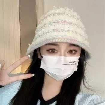 Плюшевая шляпа-ведро для женщин, модная на осень и зиму, теплая вязаная шапка рыбака с изображением маленького лица, цветная шерстяная шапка-ведро для бассейна M56-58cm