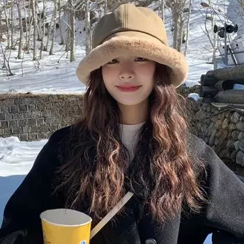 Плюшевая шляпа-ведро женская осенне-зимняя плюшевая утолщенная шляпа с лицом маленькая монгольская шляпа-тазик Интернет-знаменитость Японская Интернет-знаменитость теплая шапка one size fits all чёрный