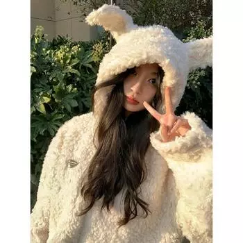 Плюшевая шуба с капюшоном из американского кролика, женская зимняя 2024, новый симпатичный свободный утолщенный топ S чёрный