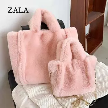 Плюшевая сумка для женщин, большая вместительная модная сумка через плечо, осенне-зимняя дорожная сумка на плечо, пушистые сумки-шоперы big серый