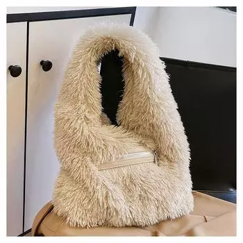 Плюшевая сумка женская большая вместимость 2024 новая осенне-зимняя универсальная сумка через плечо, плюшевая сумка для поездок на работу бежевый