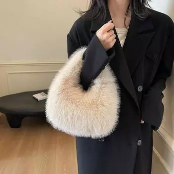 Плюшевая сумка женская осенне-зимняя универсальная 2024 новая модная портативная высококачественная плюшевая сумка без бретелек 26*10*15 чёрный