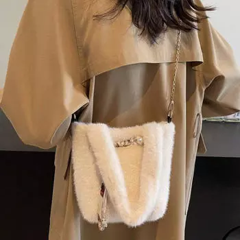 Плюшевая сумочка, милая, кавайная, универсальная, пушистая, женская, креативная, модная, женская, сумка через плечо, изысканные, простые, женские сумки One Size белый