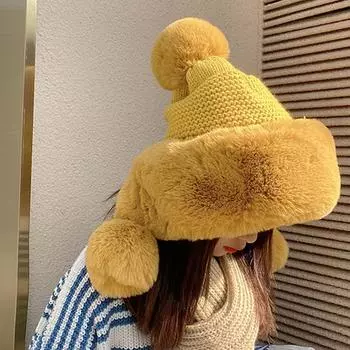 Плюшевая теплая вязаная шапка с плюшевыми шариками и утолщенной защитой ушей, корейская версия, зимняя, морозостойкая шапка Thunderbolt 56-60cm белый