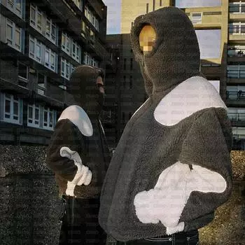 Плюшевая толстовка с капюшоном на молнии в европейском и американском стиле с цветными блоками M белый