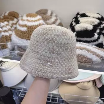 Плюшевая утолщенная панама женская осенне-зимняя теплая вязаная панама простая закрывающая лицо шапка для бассейна показывает маленькое лицо M55-58cm бежевый