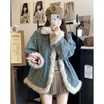 Плюшевая утолщенная теплая джинсовая хлопковая одежда женская зимняя куртка 2024 года нового дизайна sense loose neitherche с длинными рукавами S синий