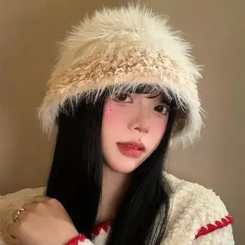 Плюшевая вязаная панама женская осенне-зимняя универсальная утепленная панама большая окружность головы маленькая шерстяная шапка M56-58cm бежевый