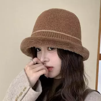 Плюшевая вязаная шапка-рыбак, женская осенне-зимняя панама, шляпа-тазик хаки