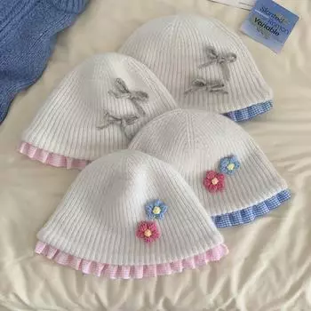 Плюшевая вязаная шапка с цветочным принтом, теплая шляпа-ведро с бантом, модная вязаная шапка рыбака для отдыха на природе white&blue-flower