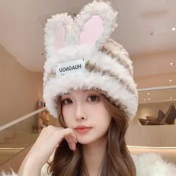 Плюшевая вязаная шапка с кроличьими ушками для женщин, осень-зима, толстая теплая ветрозащитная шерстяная шапка, лыжная шапка, шапочки с черепами, кепка с рукавами серый