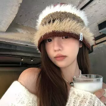 Плюшевая вязаная шапка-ведро для женщин осень-зима 2024 года, новая теплая универсальная шапка с лицом, маленькая шерстяная шапка ручной работы M56-58cm