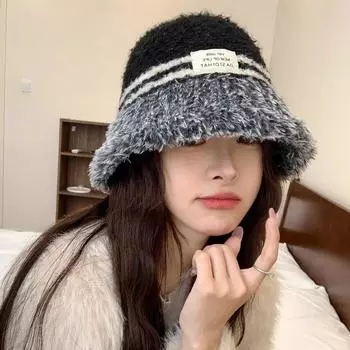 Плюшевая вязаная шапка женская осенне-зимняя новая большая окружность головы шапка рыбака контрастные полосы утолщенная термошапка M56-58cm розовый