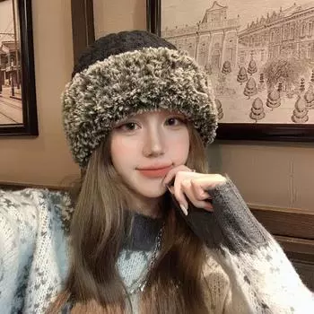Плюшевая вязаная шапка женская осенне-зимняя новая большая окружность головы универсальная шерстяная шапка показывающая маленькое лицо утолщенная теплая шапка белый