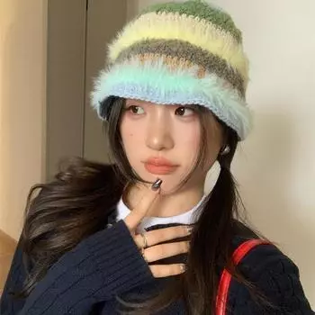 Плюшевая вязаная шапка женская весна и осень зима новый стиль контрастная полосатая вязаная шапка теплая защитная шапка для ушей 56-58cm