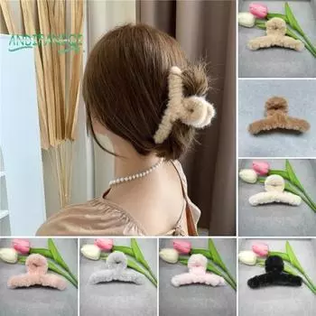 Плюшевая заколка для волос — нечеткая нескользящая, сильная фиксация, элегантный однотонный, большой осенне-зимний женский зажим для волос розовый