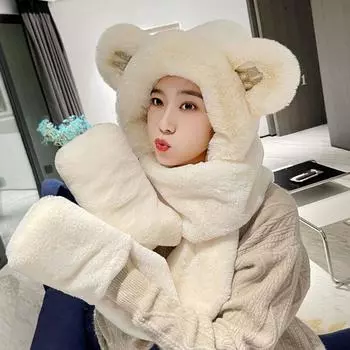 Плюшевая женская шапка осенне-зимняя с медвежьими ушками, защита ушей, шарф, перчатки, интегрированный утеплитель, ветрозащитная шапка Children s model (suitable for 3-10 years old)