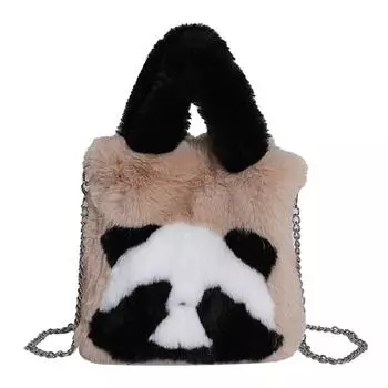 Плюшевая женская сумка через плечо с цепочкой, большая вместимость, пушистая сумка через плечо с изображением панды, зимняя мягкая сумка-тоут из искусственного меха, теплая сумка-сэтчел White