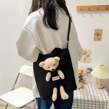 Плюшевая женская сумка осень-зима новая холщовая сумка через плечо, милая сумка-медведь, вместительная студенческая сумка-мессенджер