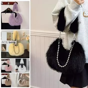 Плюшевая женская сумка подмышкой с цепочкой, пушистая универсальная сумка из искусственного меха подмышками, модная меховая сумка M6N9 Black-One size