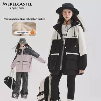 Плюшевая зимняя куртка для девочек 2024: Толстая, теплая ветровка для детей старшего возраста и девочек младшей средней школы 150 cm серый/розовый