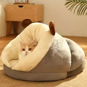 Плюшевая зимняя теплая кровать для домашних животных, мягкий спальный мешок для кошек, тапочки в форме теплой будки для собак, зимняя кровать L синий