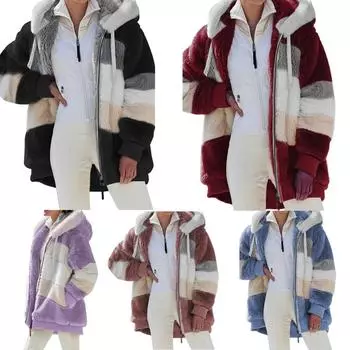 Плюшевое флисовое пальто с капюшоном на молнии, женское пушистое пальто с капюшоном и длинными рукавами, женская зимняя теплая свободная куртка одного цвета, верхняя одежда