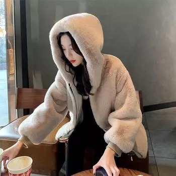 плюшевое искусственное меховое пальто женское осенне-зимнее свободное коконное утолщенное искусственное кроличье пальто с капюшоном S чёрный