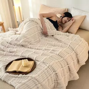 Плюшевое одеяло из кроличьей шерсти, полоска матери, фланелевое одеяло, молочное бархатное одеяло, подарочное одеяло из кораллового бархата 100x150cm белый