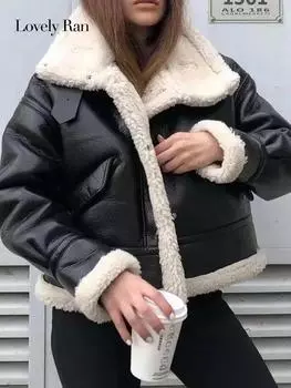 Плюшевое пальто из искусственной кожи ягненка, женское осенне-зимнее пальто в стиле ретро с длинным рукавом, женская уличная одежда, толстое пальто с карманами для мотоцикла, женские пальто XS чёрный