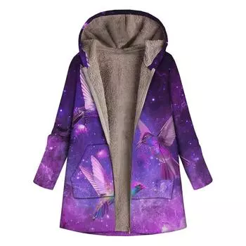 Плюшевое пальто с принтом, женское зимнее пальто с карманами и капюшоном, повседневная куртка цветочного цвета, фиолетовая, синяя, на молнии, элегантная верхняя одежда, весенняя одежда S