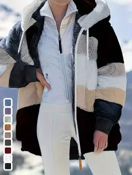 Плюшевое пальто в полоску с капюшоном большого размера, повседневное теплое пальто на молнии с длинным рукавом для осени и зимы, женская одежда больших размеров S