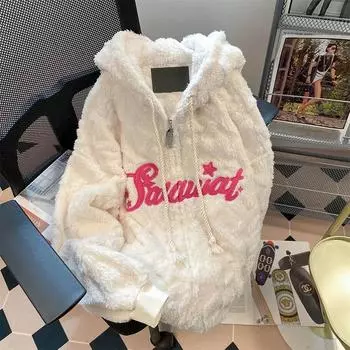 Плюшевое пальто, женское осенне-зимнее утепленное теплое мягкое пальто с капюшоном, свободные мягкие повседневные белые топы M белый
