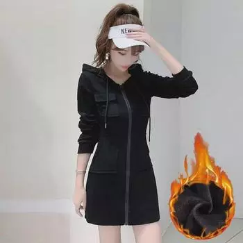 Плюшевое платье-толстовка с капюшоном и длинными рукавами на молнии — европейский и американский стиль осень/зима для женщин 2XL