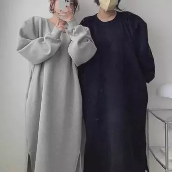 Плюшевое платье в стиле вестерн-француз с длинными рукавами: Женский корейский свитер свободного прямого кроя с разрезом сбоку на осень/зиму. 3XL серый