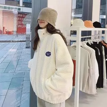 Плюшевое женское пальто на осень и зиму, белое удобное теплое утепленное пальто, свободный повседневный топ с полувысоким воротником S белый