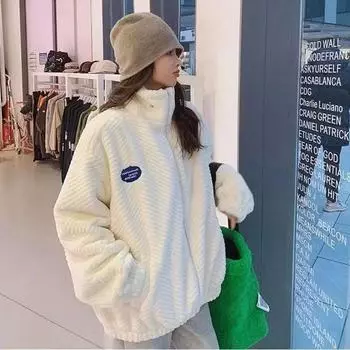 Плюшевое женское пальто на осень и зиму, белое удобное теплое утепленное пальто, свободный повседневный топ с полувысоким воротником S белый