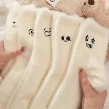 Плюшевые чулки из норки осень-зима для женщин и девочек, толстые теплые носки с героями мультфильмов, милые простые носки с маленькими глазами, домашняя одежда для сна, чулки One Size