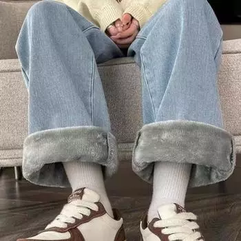 Плюшевые джинсы из бархата, утолщенные, с высокой талией, широкие джинсы для женщин, зима 2025 года, новые свободные, облегающие, длинные брюки XS темно-синий