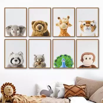 Плюшевые игрушки Слон Жираф Тигр Фламинго Медведь Детская Настенная картина на холсте Плакаты и принты Декор Картина для детской комнаты A4 21X30cm No Framed