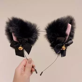 Плюшевые кружевные кошачьи ушки с колокольчиком, ободок для волос для женщин, элегантный модный корейский стиль, повязка для волос для вечеринки, косплея