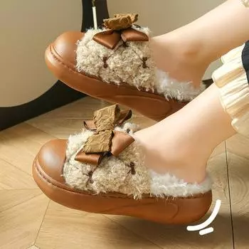 Плюшевые осенние и зимние хлопковые тапочки с бантом для дома на толстой подошве, теплая хлопковая обувь для женщин 36-41 38-39(one size smaller) кофейный