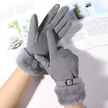 Плюшевые перчатки с металлической пряжкой на манжетах, однотонные утолщенные теплые перчатки, женские стильные универсальные морозостойкие перчатки One size чёрный