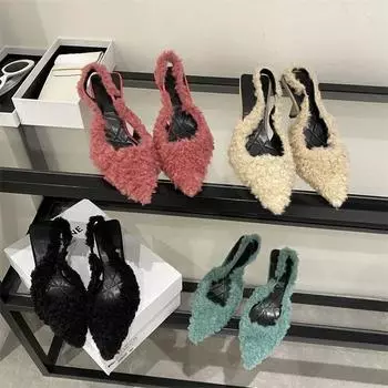 Плюшевые шлепанцы на высоком каблуке, женские модные элегантные тапочки с острым носком из овечьей шерсти, женские роскошные плюшевые вечерние туфли-лодочки, 2024 35 абрикосовый