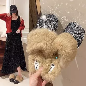 Плюшевые тапочки для женщин, модные блестящие плоские пушистые тапочки Baotou, нескользящие женские туфли-мюли для дома и улицы, повседневная обувь 35 чёрный